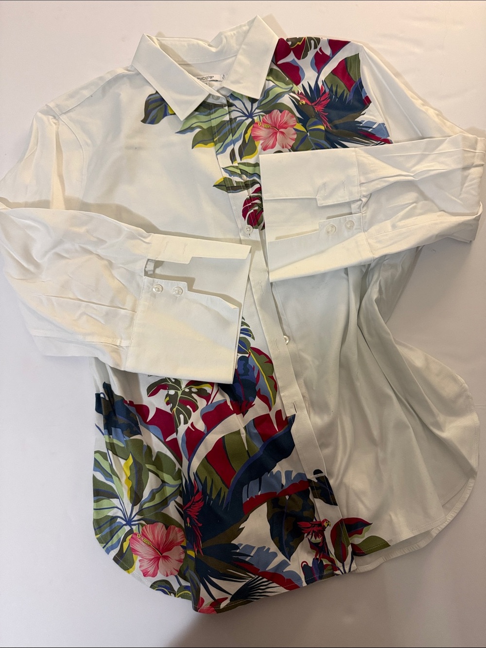 Chico's White Button-Down Shirt with Tropical Floral Print